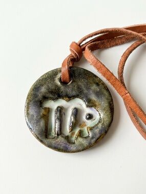 VTG Handmade Ceramic Virgo Zodiac Pendant Necklace Signed Val-David Quebec